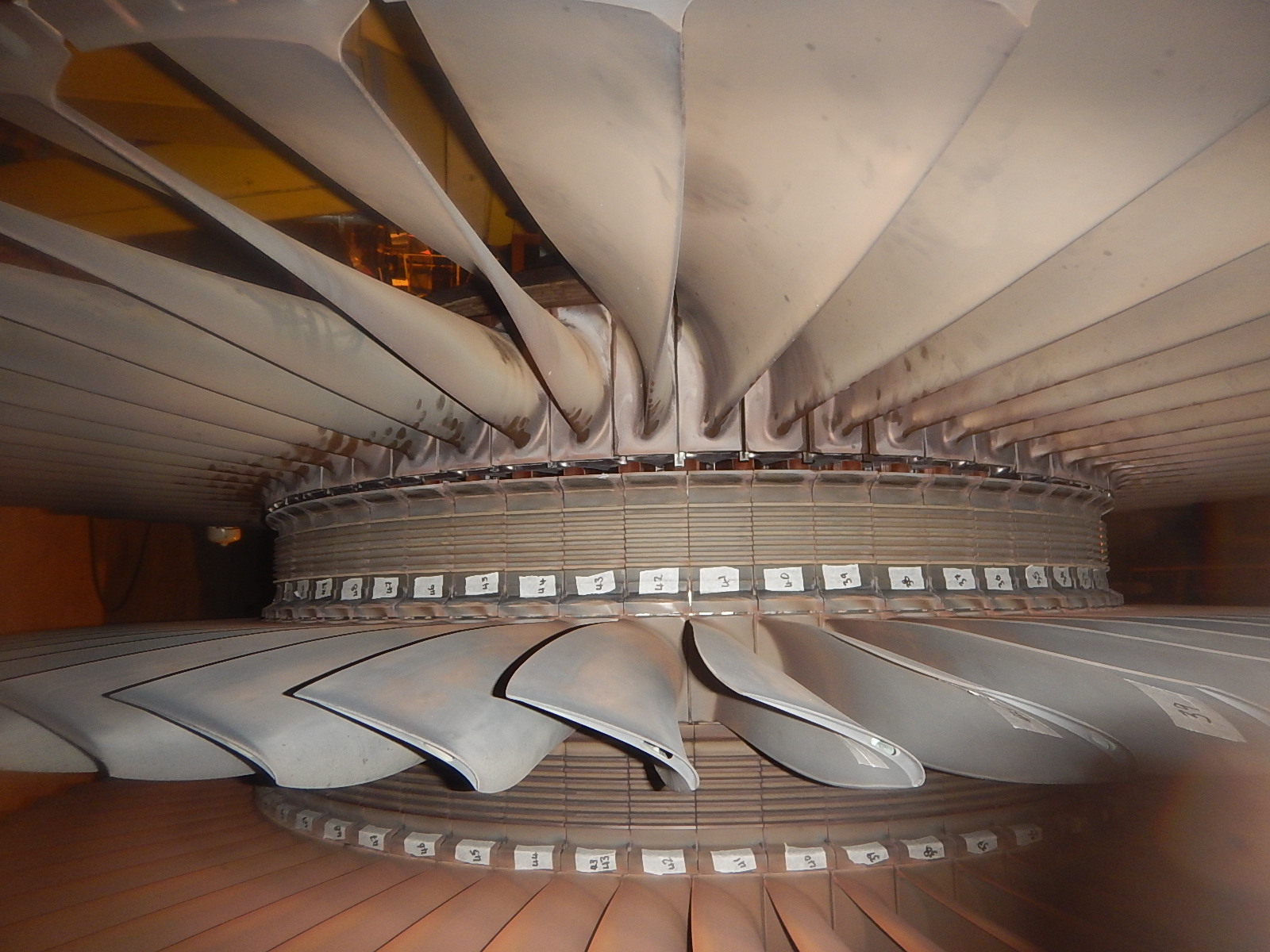 Precision turbine rotor assembly viewed from above with numbered inspection markers