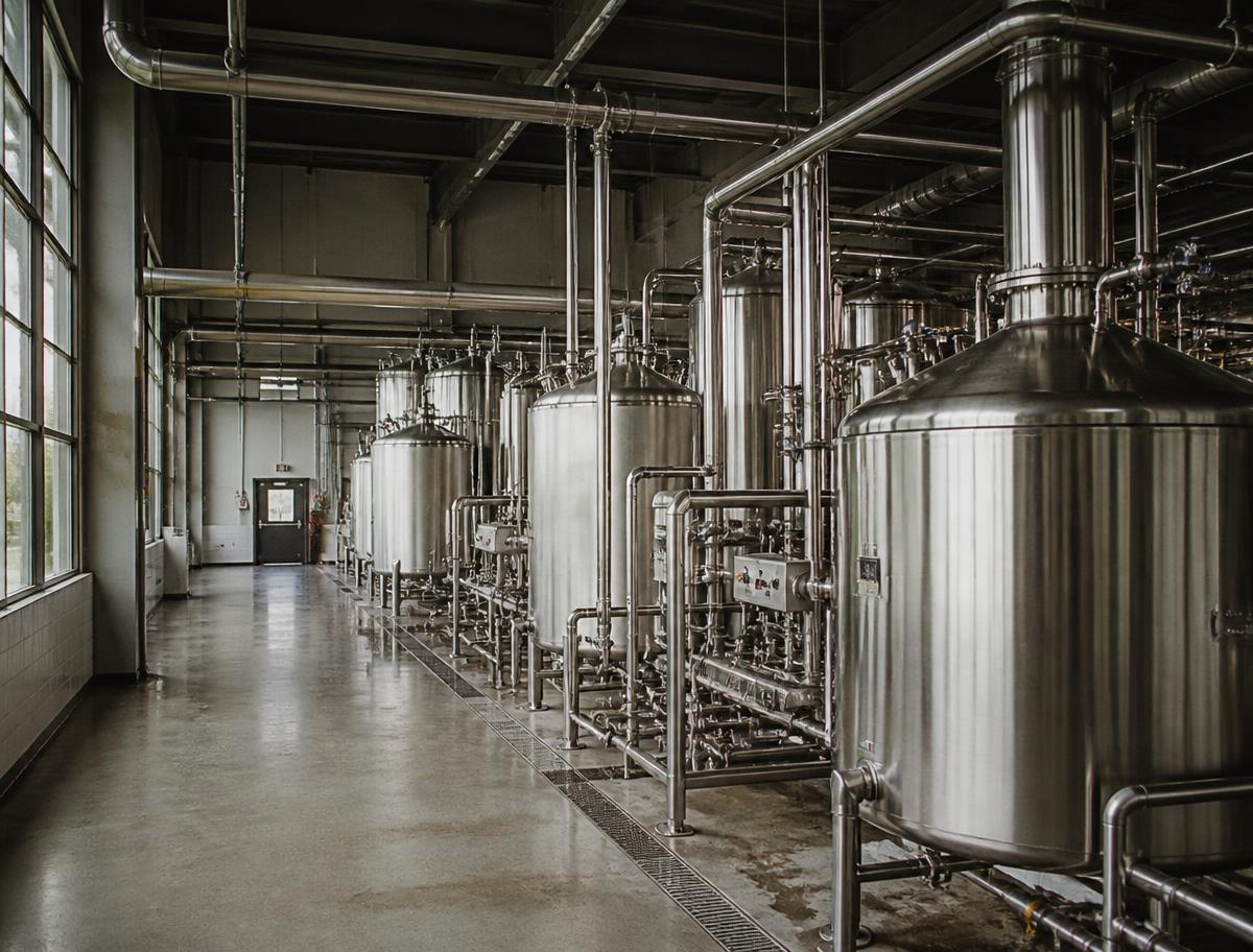 Food and beverage processing hall with polished stainless steel tanks and sanitary piping